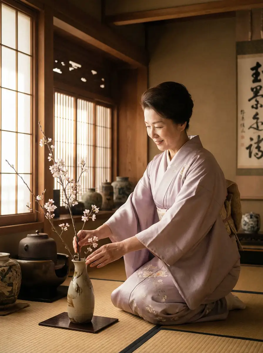 一位优雅的 俄罗斯专享会平台 在和室中插花
